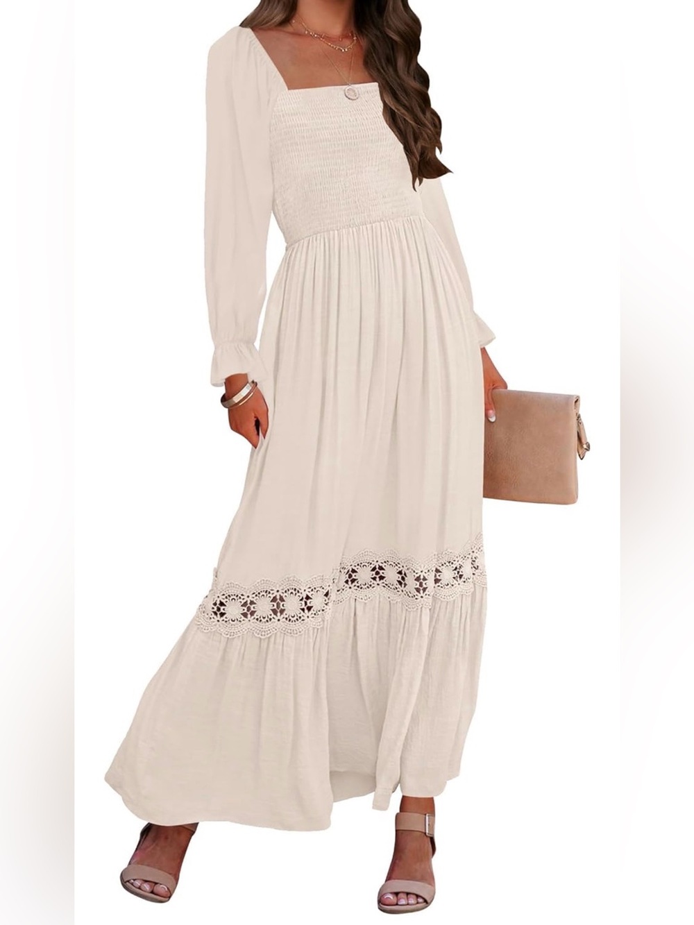 Boho Cream Long Sleeve Maxi Dress with Lace Panel